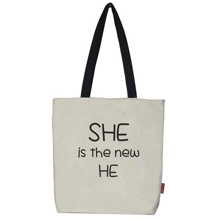 Stevige boodschappentas "She Is The New HE" | 2 Kleuren Krossproducts | De online winkel voor hebbedingetjes